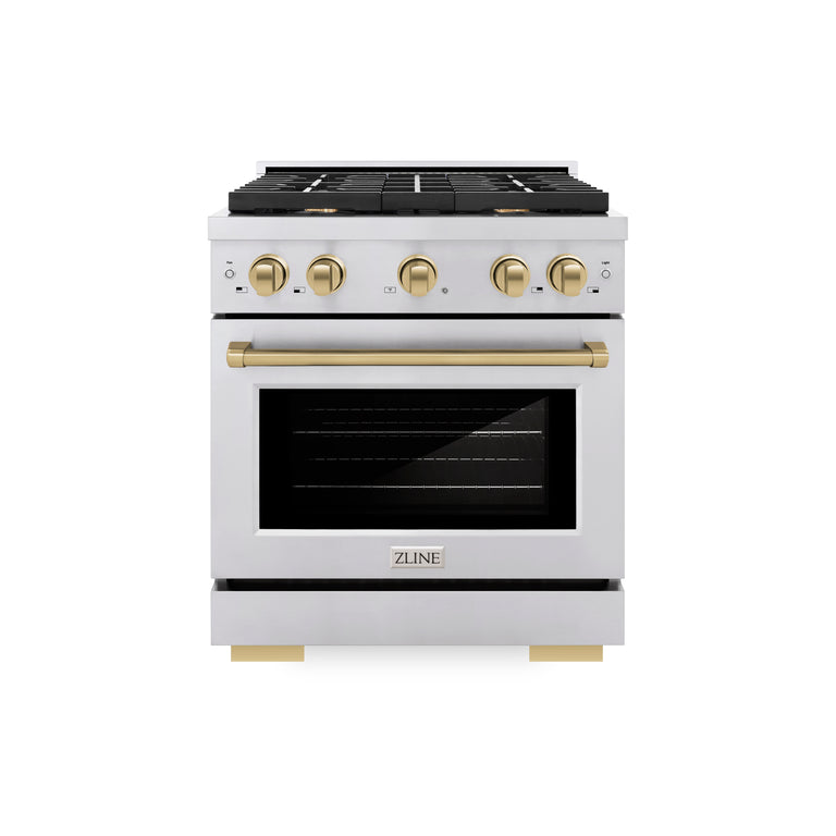 ZLINE Autograph Package - 30 In. Gas Range, Range Hood, Dishwasher, Refrigerator with Champagne Bronze Accents, 4KAPR-RGRHDWM30-CB