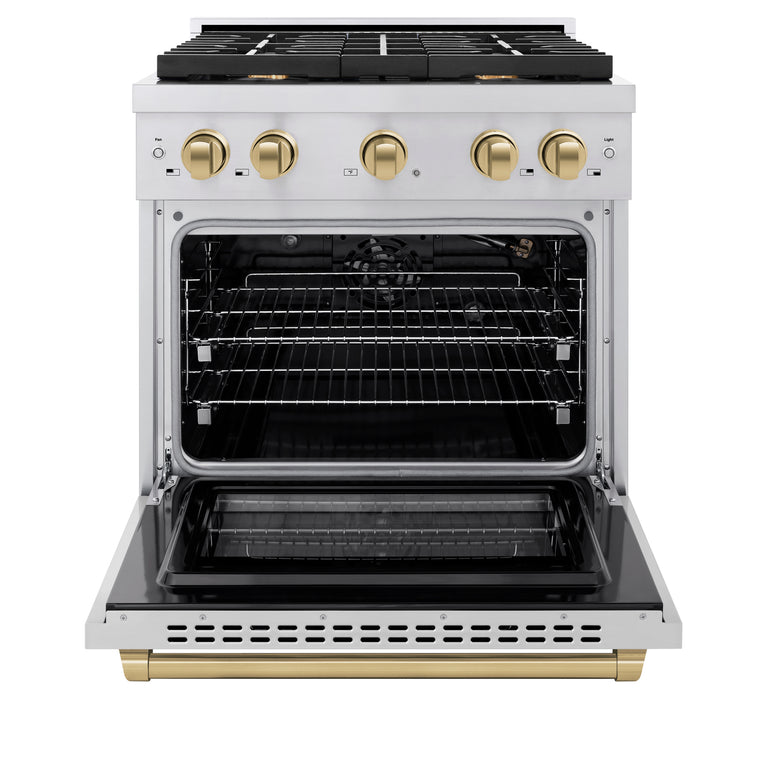 ZLINE Autograph Package - 30 In. Gas Range, Range Hood, Dishwasher, Refrigerator with Champagne Bronze Accents, 4KAPR-RGRHDWM30-CB