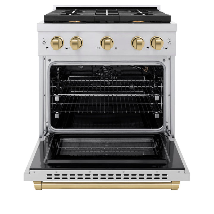 ZLINE Autograph Package - 30 In. Gas Range, Range Hood, Dishwasher, Refrigerator with Champagne Bronze Accents, 4KAPR-RGRHDWM30-CB