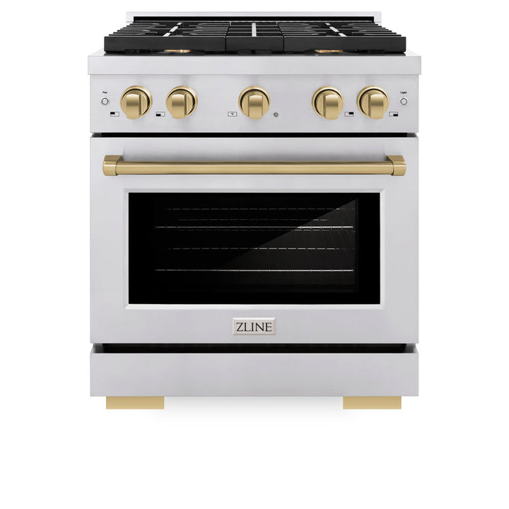 ZLINE Autograph Package - 30" Gas Range, Range Hood, Refrigerator with Water and Ice Dispenser, Dishwasher with Bronze Accents