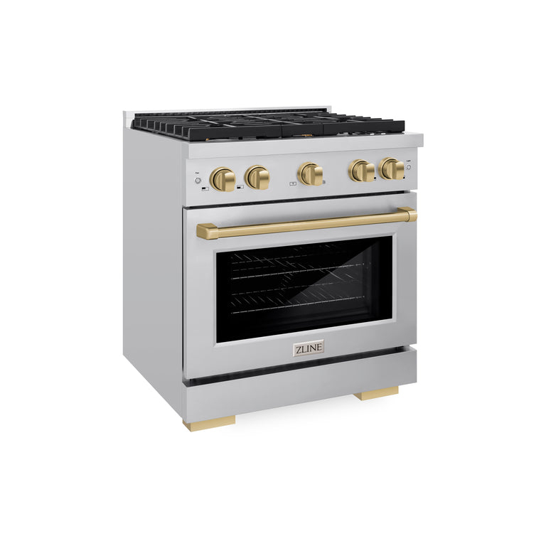 ZLINE Autograph Package - 30 In. Gas Range, Range Hood, Dishwasher, Refrigerator with Champagne Bronze Accents, 4KAPR-RGRHDWM30-CB