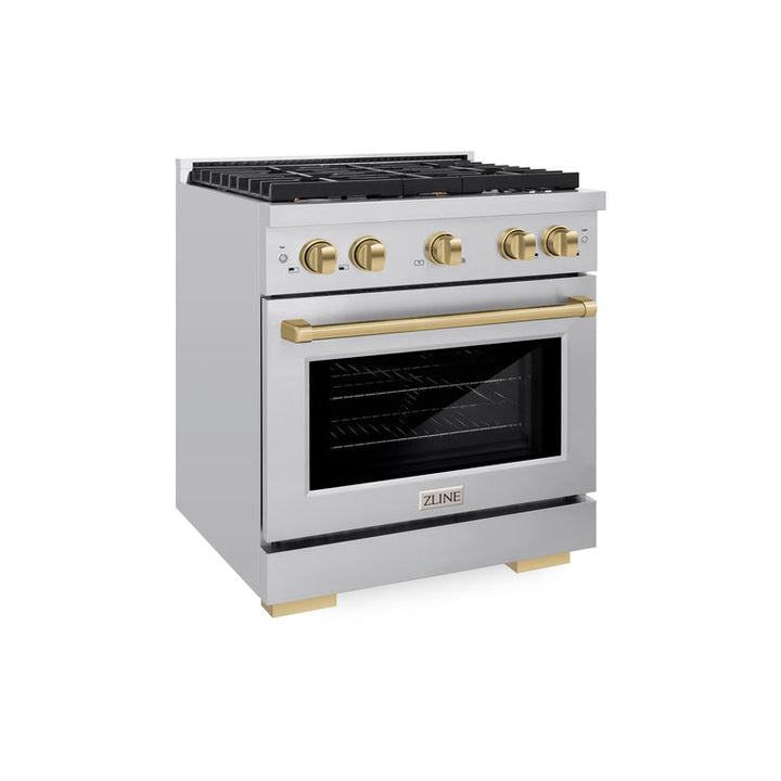 ZLINE Autograph Package - 30 In. Gas Range, Range Hood, Dishwasher in Stainless Steel with Champagne Bronze Accents, 3AKP-RGRHDWM30-CB