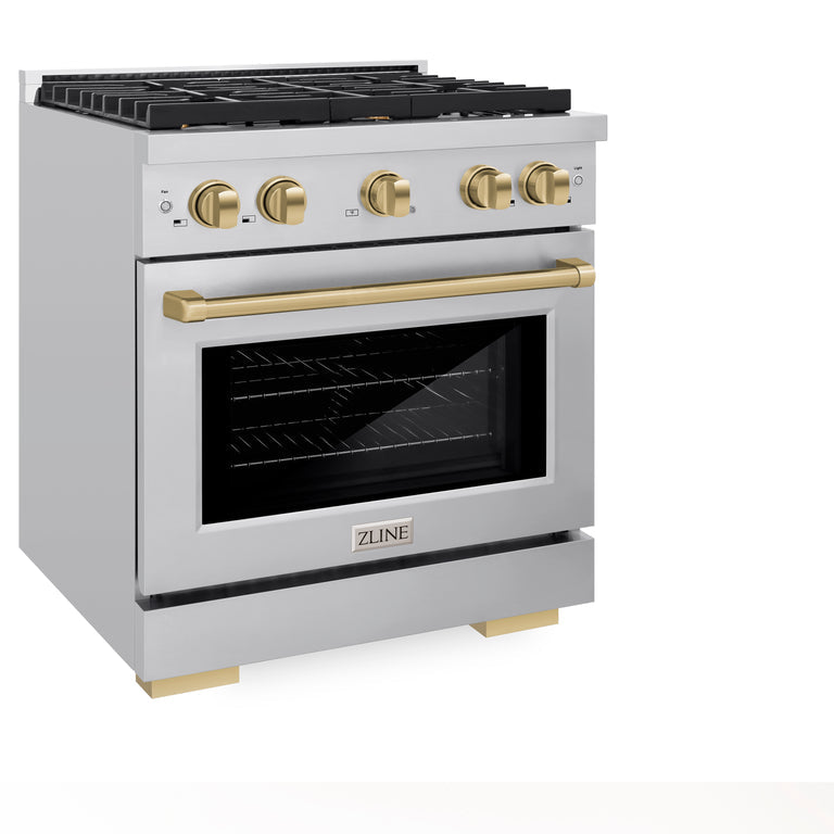 ZLINE Autograph Package - 30 In. Gas Range, Range Hood, Dishwasher in Stainless Steel with Champagne Bronze Accents, 3AKP-RGRHDWM30-CB