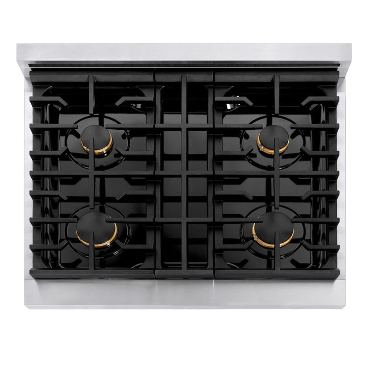 ZLINE Autograph Package - 30 In. Gas Range, Range Hood, Dishwasher, Refrigerator with Champagne Bronze Accents, 4KAPR-RGRHDWM30-CB