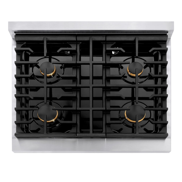 ZLINE Autograph Package - 30 In. Gas Range, Range Hood, Dishwasher in Stainless Steel with Champagne Bronze Accents, 3AKP-RGRHDWM30-CB