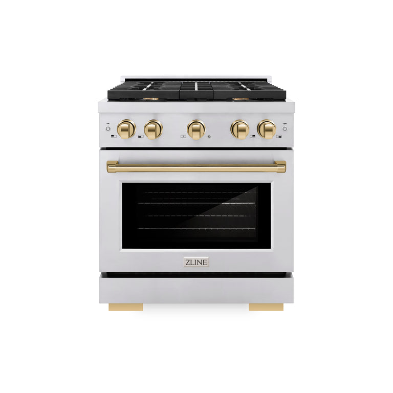 ZLINE Autograph Package - 30 In. Gas Range, Range Hood, Dishwasher in Stainless Steel with Gold Accents, 3AKP-RGRHDWM30-G