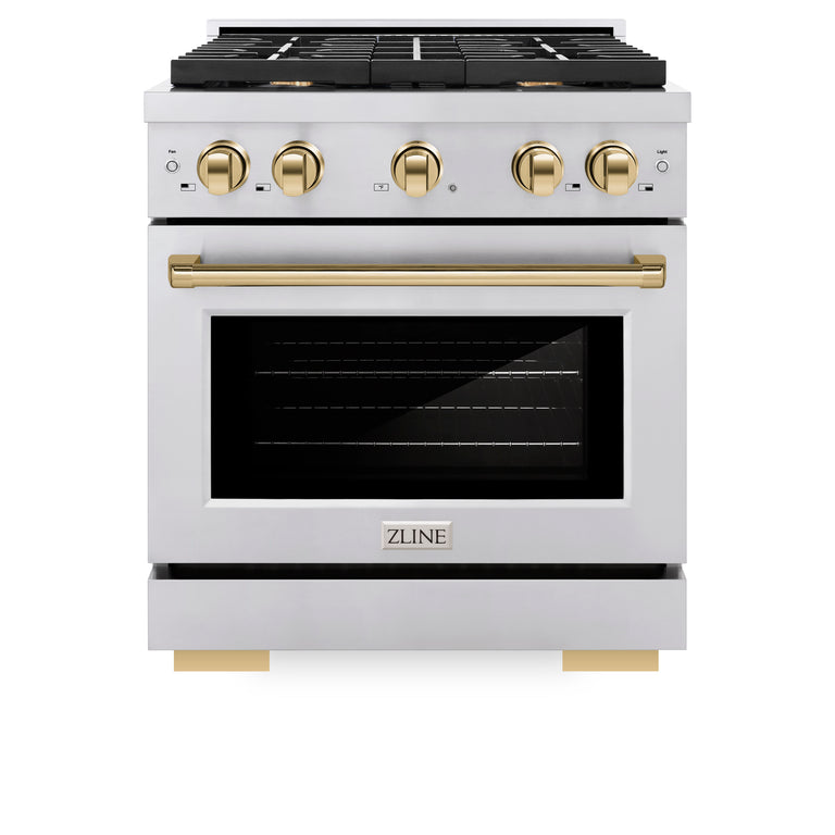 ZLINE Autograph Package - 30 In. Gas Range, Range Hood, Refrigerator, and Dishwasher in Stainless Steel with Gold Accents, 4AKPR-RGRHDWM30-G