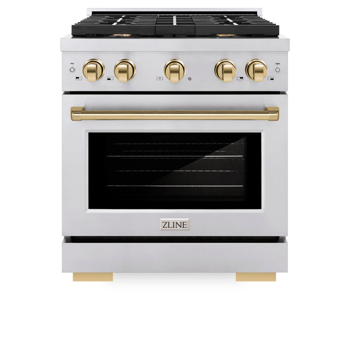 ZLINE Autograph Package - 30 In. Gas Range, Range Hood, Refrigerator, and Dishwasher in Stainless Steel with Gold Accents, 4AKPR-RGRHDWM30-G