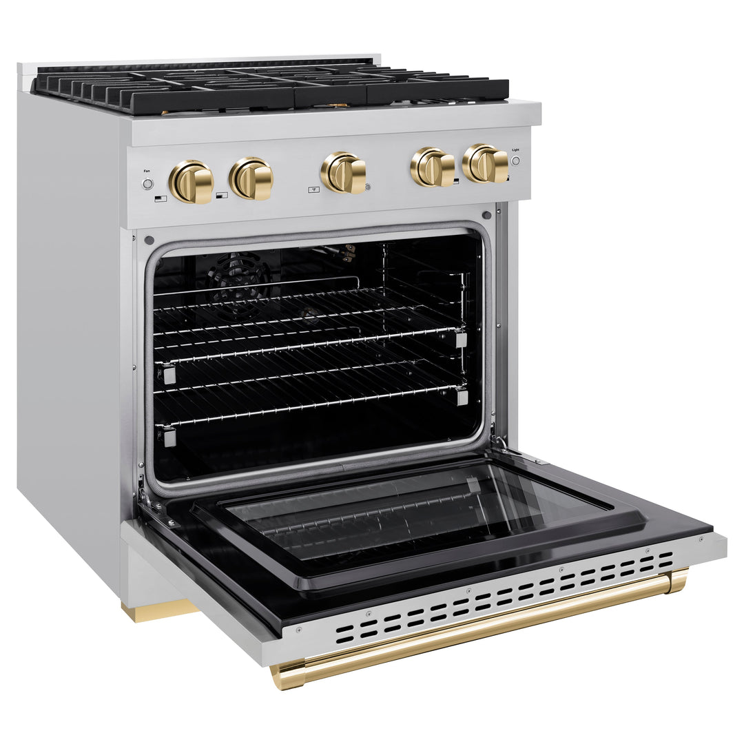 ZLINE Autograph 30" 4.2 cu. ft. Paramount Gas Range with Convection Gas Oven in Stainless Steel and Gold Accents, SGRZ-30-G