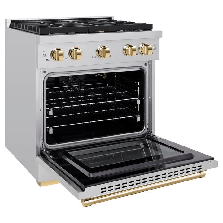 ZLINE Autograph Package - 30 In. Gas Range, Range Hood, Refrigerator, and Dishwasher in Stainless Steel with Gold Accents, 4AKPR-RGRHDWM30-G