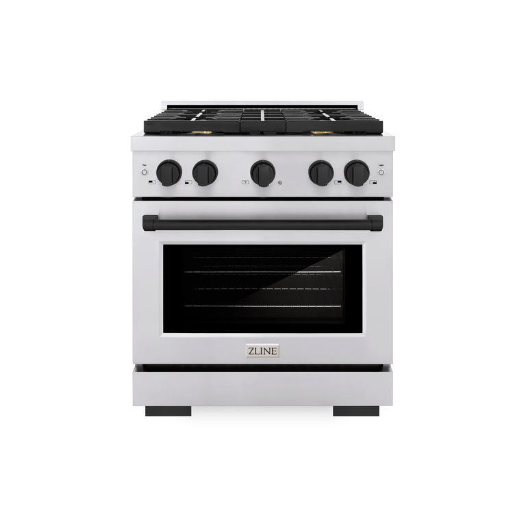 ZLINE Autograph Package - 30 In. Gas Range, Range Hood, Refrigerator, and Dishwasher in Stainless Steel with Matte Black Accents, 4AKPR-RGRHDWM30-MB