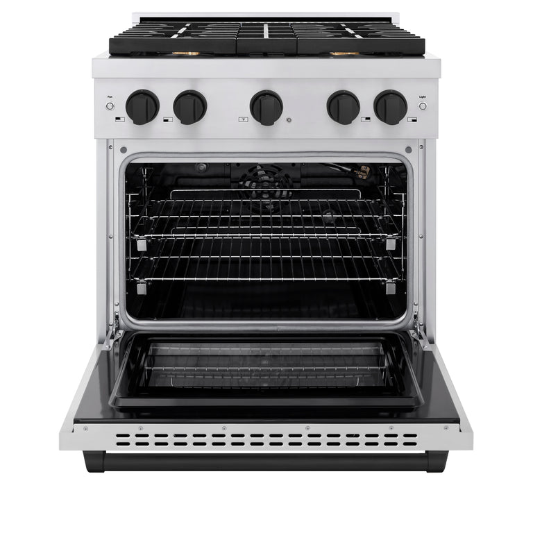 ZLINE Autograph Package - 30 In. Gas Range, Range Hood, Refrigerator, and Dishwasher in Stainless Steel with Matte Black Accents, 4AKPR-RGRHDWM30-MB