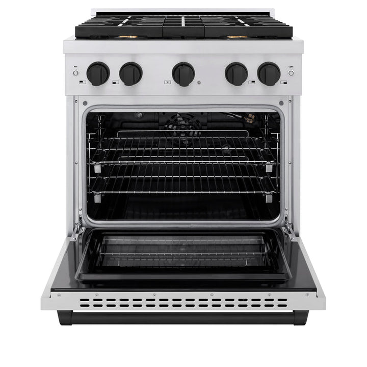 ZLINE Autograph Package - 30 In. Gas Range, Range Hood, Dishwasher in Stainless Steel with Matte Black Accents, 3AKP-RGRHDWM30-MB