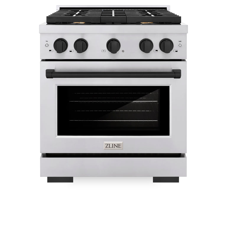 ZLINE Autograph Package - 30 In. Gas Range, Range Hood, Refrigerator, and Dishwasher in Stainless Steel with Matte Black Accents, 4AKPR-RGRHDWM30-MB