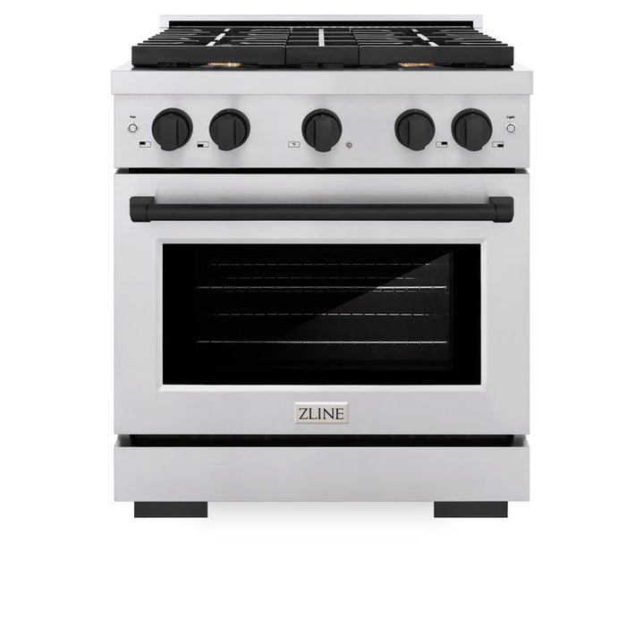 ZLINE Autograph Package - 30 Inch Gas Range, Range Hood, Dishwasher, Refrigerator in Stainless Steel with Matte Black Accents, 4KAPR-RGRHDWM30-MB