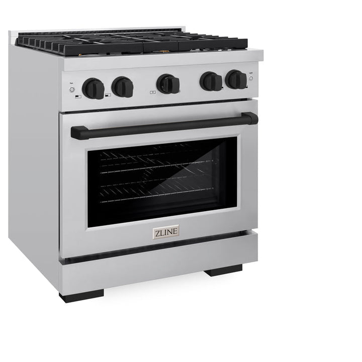 ZLINE Autograph Package - 30 In. Gas Range, Range Hood, Refrigerator, and Dishwasher in Stainless Steel with Matte Black Accents, 4AKPR-RGRHDWM30-MB