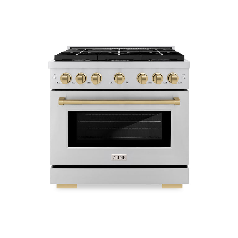 ZLINE Autograph Package - 36" Gas Range, Range Hood, Refrigerator, Dishwasher with Bronze Accents