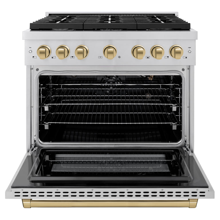 ZLINE Autograph Package - 36" Gas Range, Range Hood, Refrigerator, Dishwasher with Bronze Accents