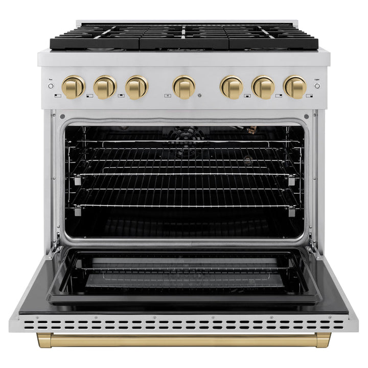 ZLINE Autograph Package - 36 In. Gas Range, Range Hood, Dishwasher, Refrigerator with Champagne Bronze Accents, 4KAPR-RGRHDWM36-CB