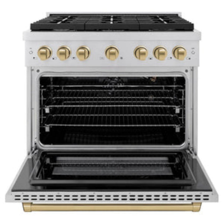 ZLINE 36" Autograph Edition Paramount Gas Range with 6 Burner Cooktop and Convection Gas Oven in Stainless Steel and Champagne Bronze Accents