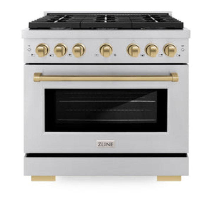 ZLINE 36" Autograph Edition Paramount Gas Range with 6 Burner Cooktop and Convection Gas Oven in Stainless Steel and Champagne Bronze Accents
