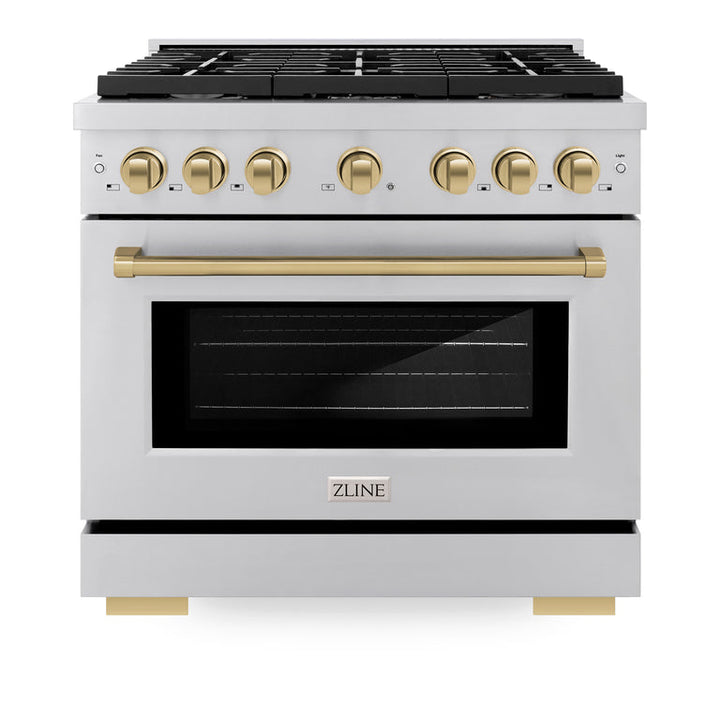 ZLINE Autograph Package - 36 In. Gas Range, Range Hood, Dishwasher, Refrigerator with Champagne Bronze Accents, 4KAPR-RGRHDWM36-CB