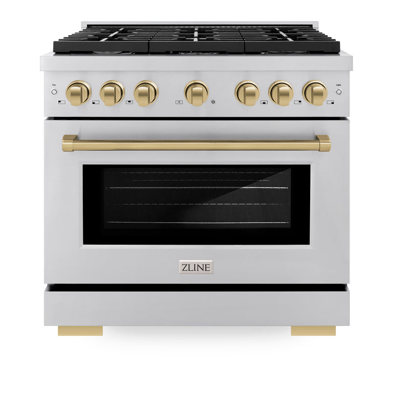 ZLINE Autograph Package - 36" Gas Range, Range Hood, Refrigerator, Dishwasher with Bronze Accents