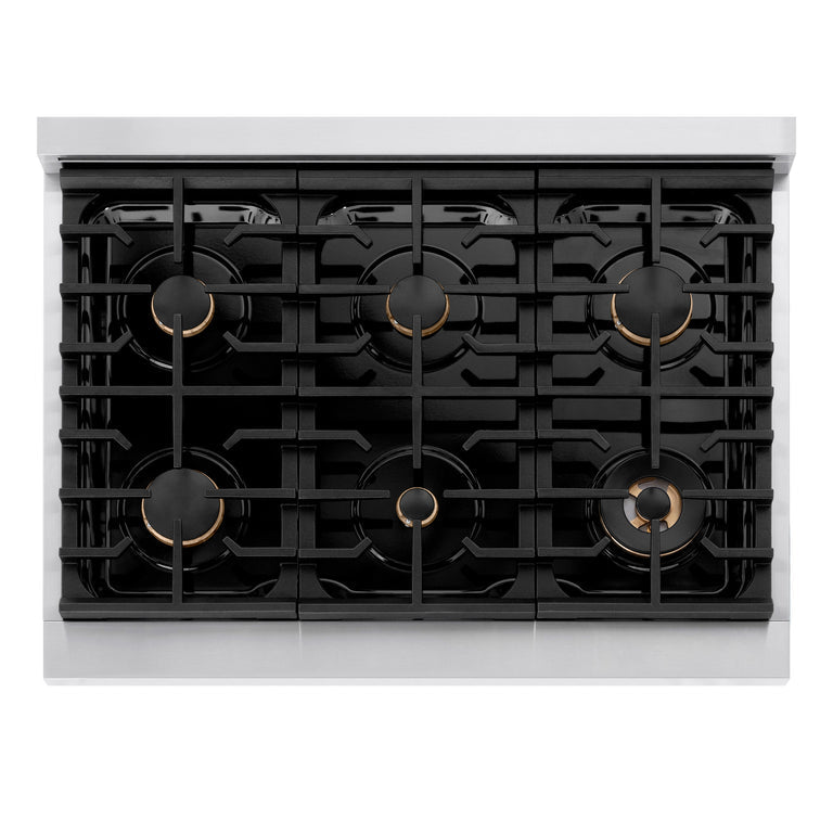 ZLINE Autograph Package - 36" Gas Range, Range Hood, Refrigerator, Dishwasher with Bronze Accents