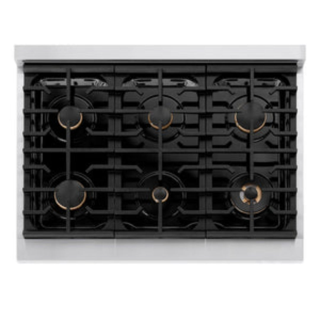ZLINE 36" Autograph Edition Paramount Gas Range with 6 Burner Cooktop and Convection Gas Oven in Stainless Steel and Champagne Bronze Accents