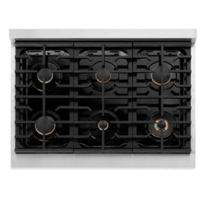 ZLINE 36" Autograph Edition Paramount Gas Range with 6 Burner Cooktop and Convection Gas Oven in Stainless Steel and Champagne Bronze Accents