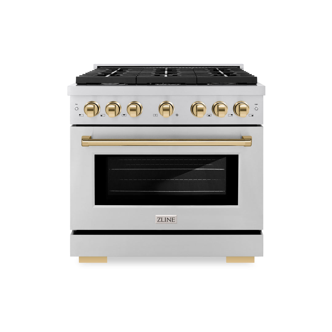 ZLINE Autograph 36" 5.2 cu. ft. Paramount Gas Range with Convection Gas Oven in Stainless Steel and Gold Accents, SGRZ-36-G