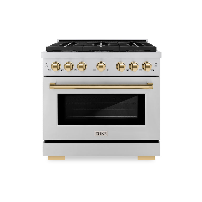 ZLINE Autograph Package - 36" Gas Range, Range Hood, Refrigerator with Water & Ice Dispenser, Dishwasher with Gold Accents