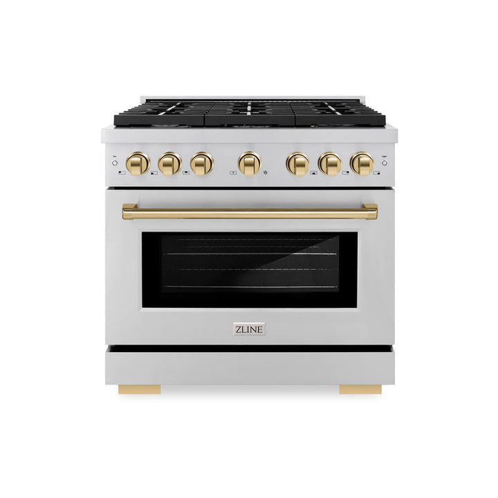 ZLINE Autograph Package - 36 In. Gas Range, Range Hood, Dishwasher in Stainless Steel with Gold Accents, 3AKP-RGRHDWM36-G