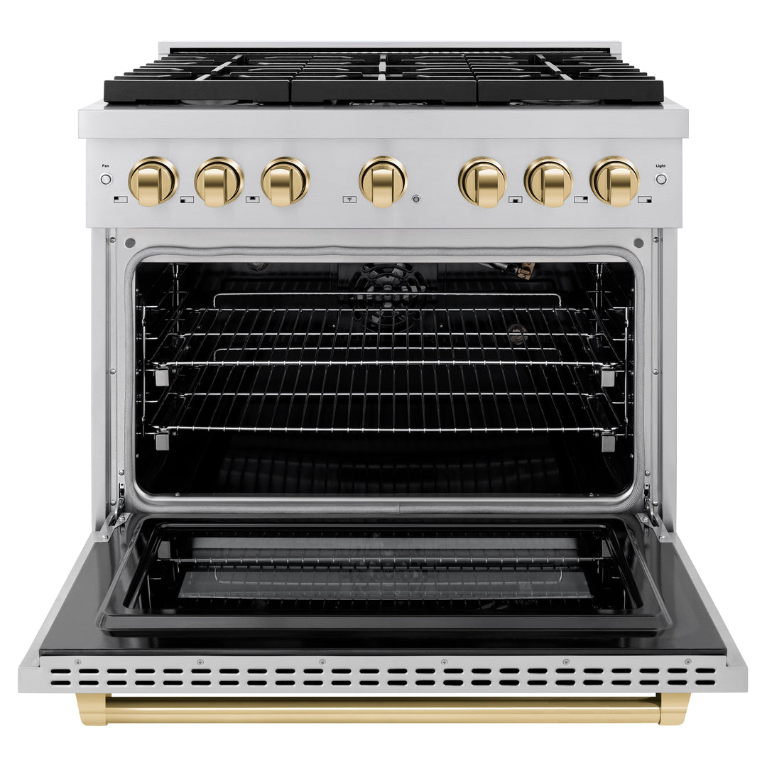 ZLINE Autograph 36" 5.2 cu. ft. Paramount Gas Range with Convection Gas Oven in Stainless Steel and Gold Accents, SGRZ-36-G