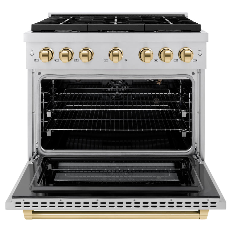 ZLINE Autograph Package - 36 In. Gas Range, Range Hood, Dishwasher in Stainless Steel with Gold Accents, 3AKP-RGRHDWM36-G