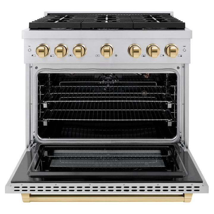 ZLINE Autograph Package - 36 In. Gas Range, Range Hood, Dishwasher in Stainless Steel with Gold Accents, 3AKP-RGRHDWM36-G