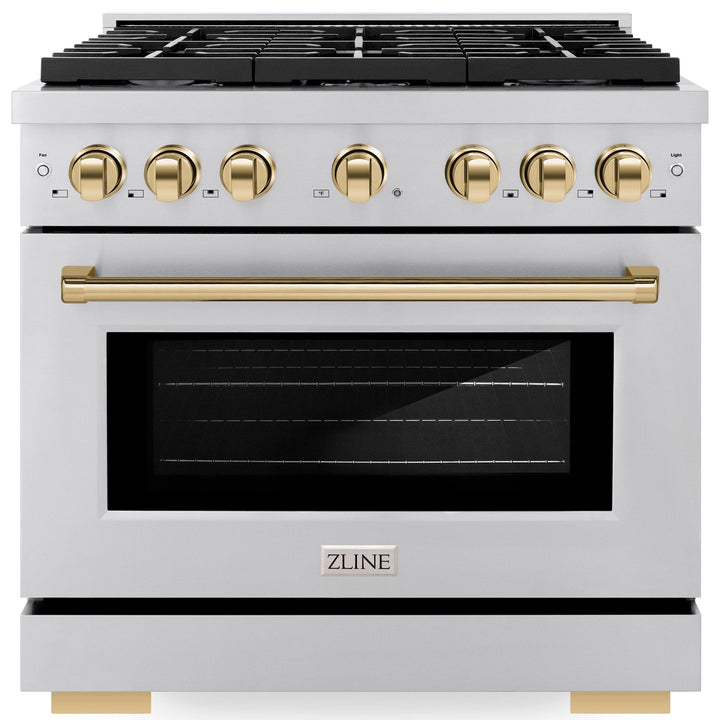 ZLINE Autograph 36" 5.2 cu. ft. Paramount Gas Range with Convection Gas Oven in Stainless Steel and Gold Accents, SGRZ-36-G