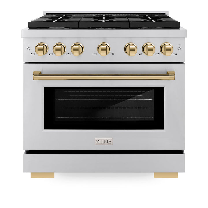 ZLINE Autograph Package - 36 In. Gas Range, Range Hood, Dishwasher in Stainless Steel with Gold Accents, 3AKP-RGRHDWM36-G