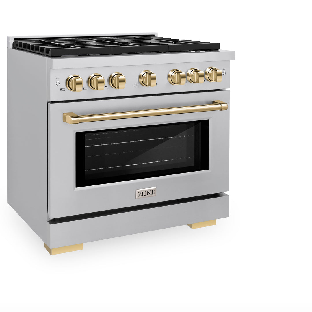 ZLINE Autograph 36" 5.2 cu. ft. Paramount Gas Range with Convection Gas Oven in Stainless Steel and Gold Accents, SGRZ-36-G