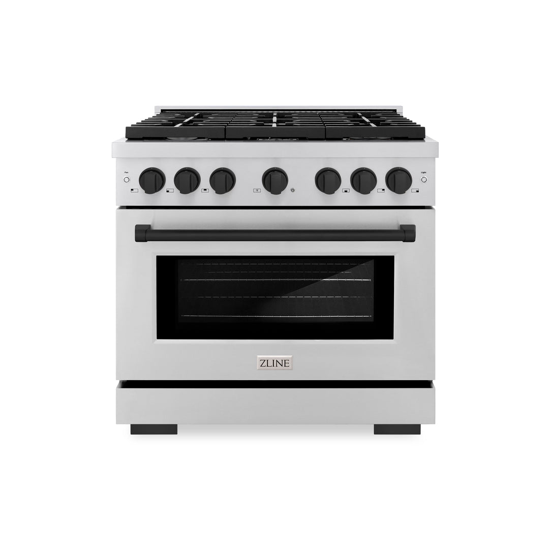 ZLINE Autograph 36" 5.2 cu. ft. Paramount Gas Range with Convection Gas Oven in Stainless Steel and Matte Black Accents, SGRZ-36-MB