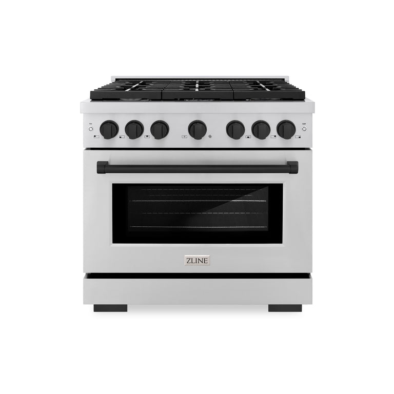 ZLINE Autograph Package - 36 In. Gas Range, Range Hood, Refrigerator, and Dishwasher in Stainless Steel with Matte Black Accents, 4AKPR-RGRHDWM36-MB