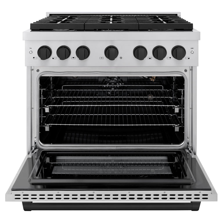 ZLINE Autograph Package - 36 In. Gas Range and Range Hood in Stainless Steel with Matte Black Accents, 2AKP-RGRH36-MB