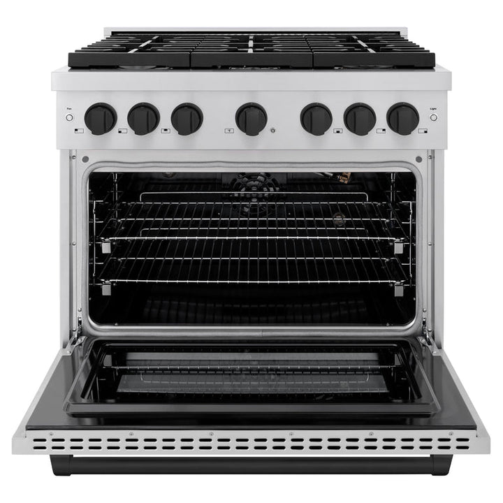 ZLINE Autograph Package - 36 In. Gas Range, Range Hood, Dishwasher in Stainless Steel with Matte Black Accents, 3AKP-RGRHDWM36-MB