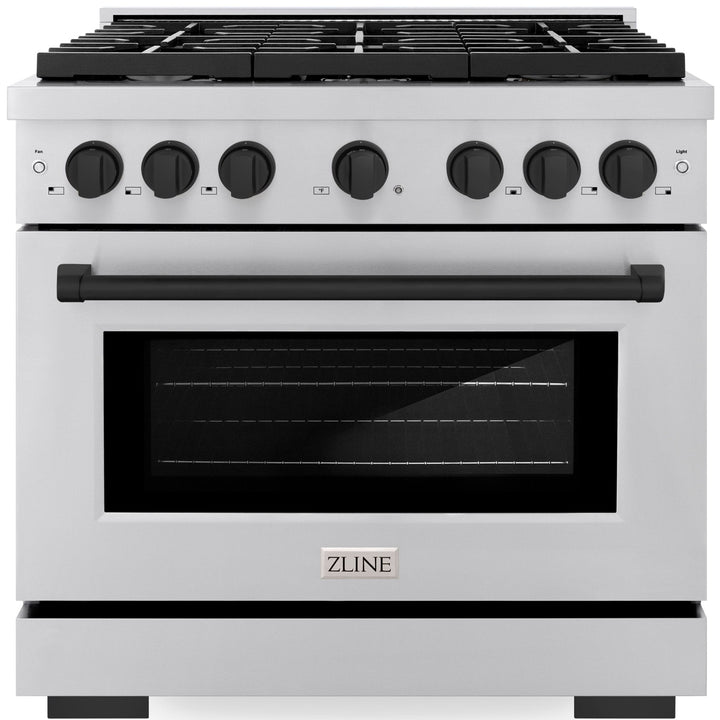 ZLINE Autograph 36" 5.2 cu. ft. Paramount Gas Range with Convection Gas Oven in Stainless Steel and Matte Black Accents, SGRZ-36-MB