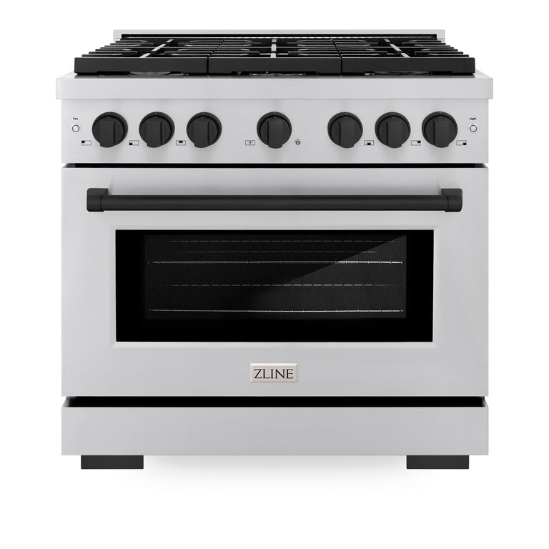 ZLINE Autograph Package - 36 In. Gas Range, Range Hood, Dishwasher in Stainless Steel with Matte Black Accents, 3AKP-RGRHDWM36-MB