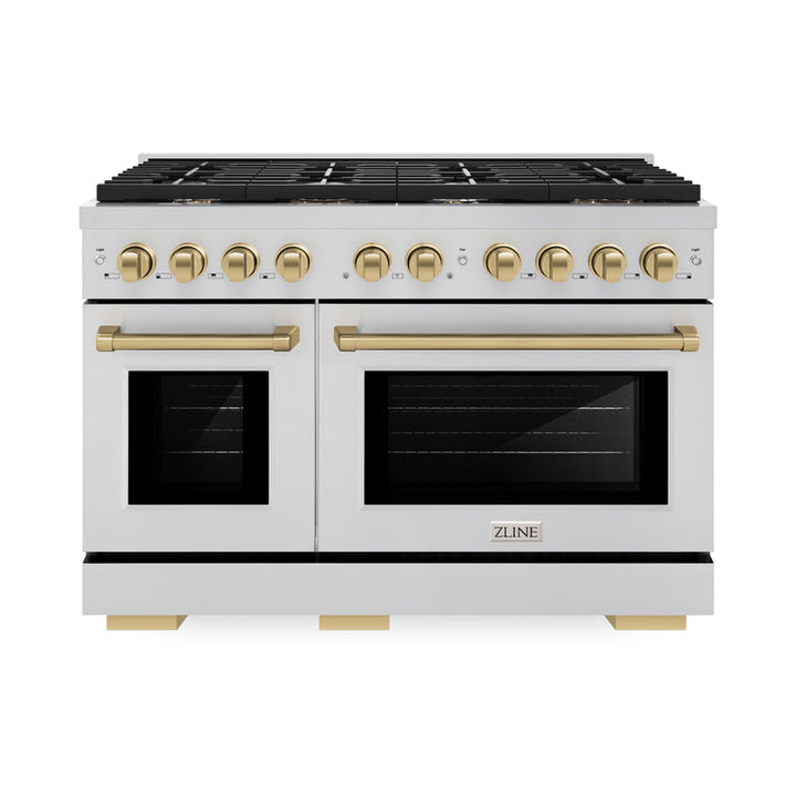 ZLINE Autograph Package - 48 in. Gas Range, Range Hood, 3 Rack Dishwasher, Refrigerator with Champagne Bronze Accents - 4AKPR-RGRHDWM48-CB