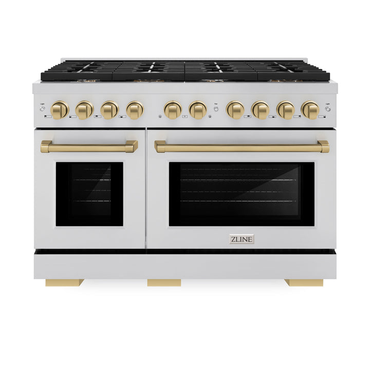 ZLINE Autograph 48" 6.7 cu. ft. Paramount Double Oven Gas Range in Stainless Steel and Bronze Accents, SGRZ-48-CB