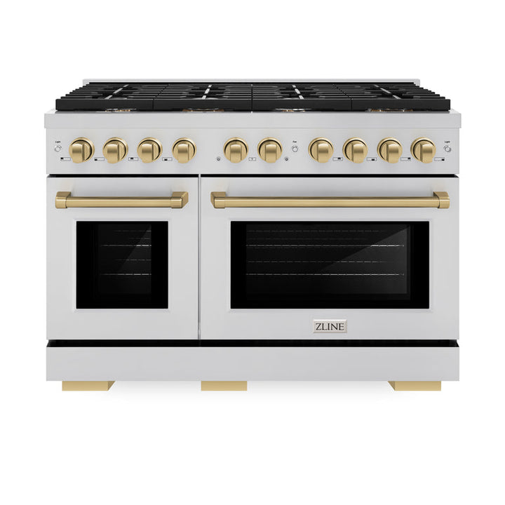 ZLINE Autograph Package - 48 In. Gas Range, Range Hood and Dishwasher in Stainless Steel with Champagne Bronze Accents, 3AKPR-RGRH48-CB