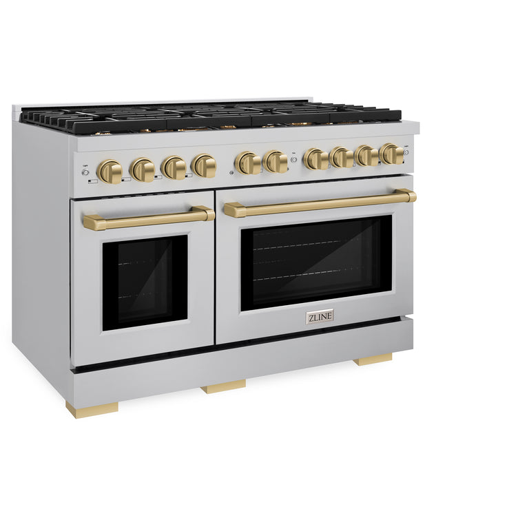 ZLINE Autograph Package - 48 in. Gas Range, Range Hood, 3 Rack Dishwasher, Refrigerator with Champagne Bronze Accents - 4AKPR-RGRHDWM48-CB