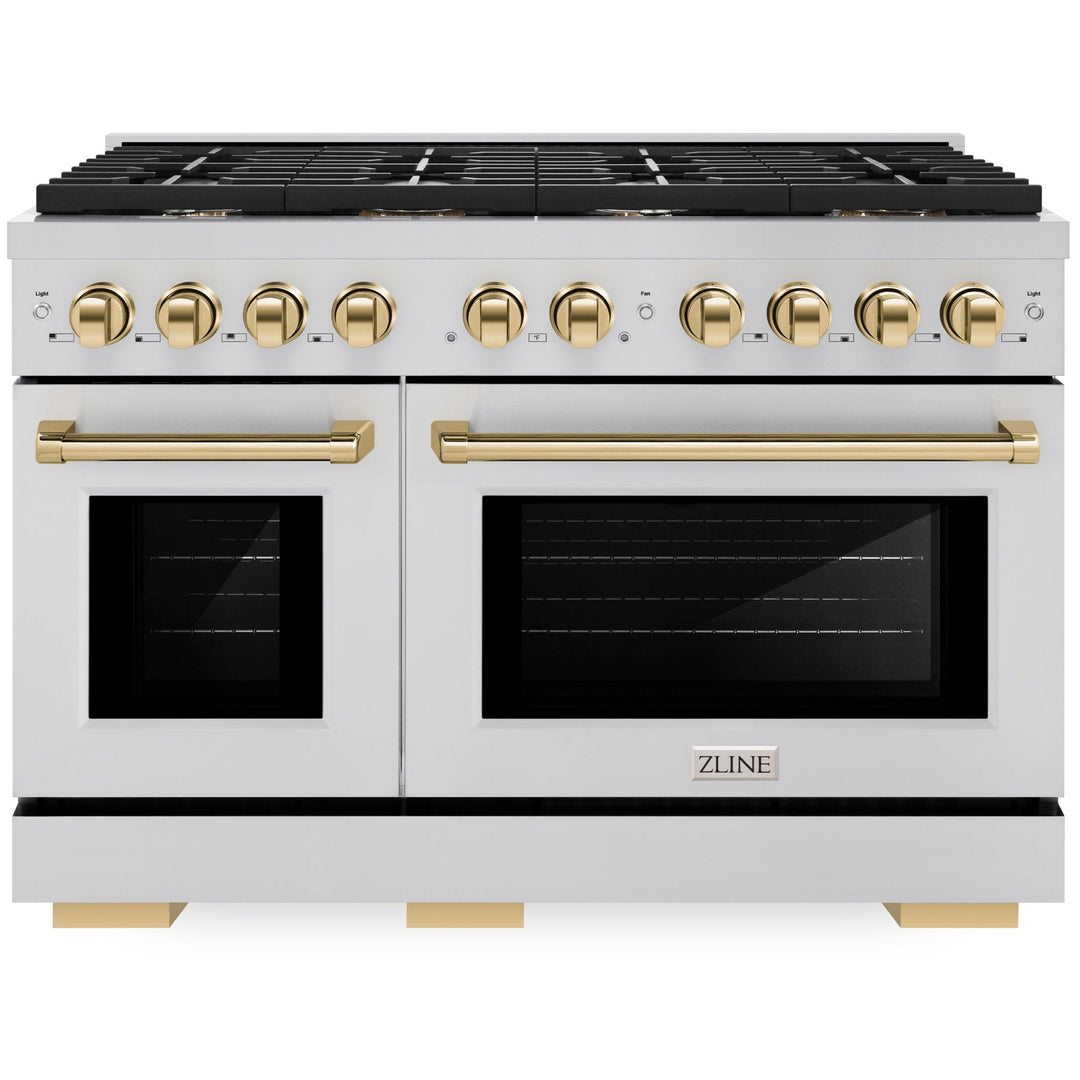 ZLINE Autograph 48" 6.7 cu. ft. Paramount Double Oven Gas Range in Stainless Steel and Gold Accents, SGRZ-48-G